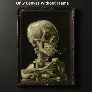 1pc Optinal Frame Vincent Van Gogh Canvas Poster, Unframed Art Print, Skeleton Art, Retro Skull Poster, Smoking Skull, Artwork Wall Painting For Gift, Living Room, Bedroom, Office, Bathroom, Home And Dormitory Decoration