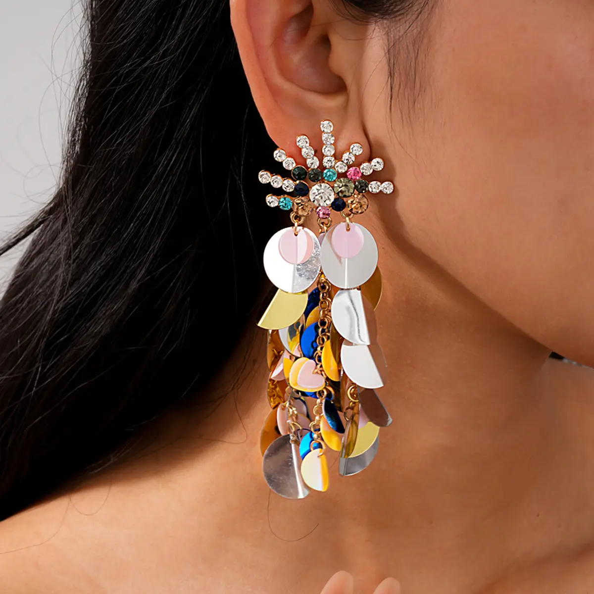 Women's Flower Cluster Dangle Earrings, Iridescent Sequins, Tassel, Light Luxury, Colorful Whimsical Beach Charm Earrings, Ideal for Beach Trips & Parties, Magnetic Earrings, Spicy, Funky Unique, Romantic, Whimsical Accessories.