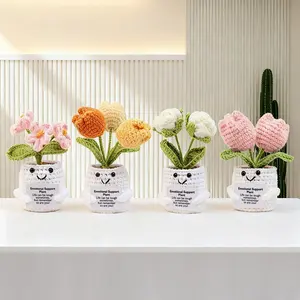 Crochet Flower Pot, 4 Counts/set Cute Crochet Flower Pot, Emotional Support Mini Knitting Flower Pot, Home Decor for Living Room Bedroom, Crochet Artificial Flowers