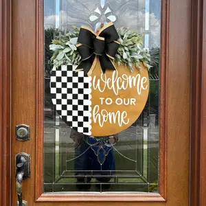 Front Door Hanger | Welcome To Our Home Door Hanger | Checkered Door Hanger | Year Round Wreath | Front Door Wreath | Housewarming Gift | Decor