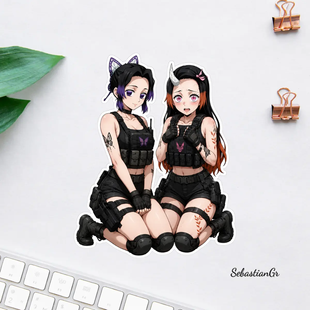 Shinobu & Nezuko Tactical Anime Girl Sticker, Demon Slayer Inspired Cute Duo Vinyl Decal for Laptop Water Bottle Car