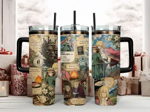 40oz Insulated Stainless Steel Studio Ghibli Howl's Moving Castle Vintage Collage Tumbler - Portable Reusable Water Bottle with Handle, Straw, Howl, Sophie, Calcifer, Classic Anime Quotes for Miyazaki Fans