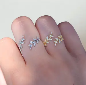 925 Sterling Silver Olive Leaf CZ Ring – Adjustable Wraparound Open Ring | Dainty Minimalist Jewelry
