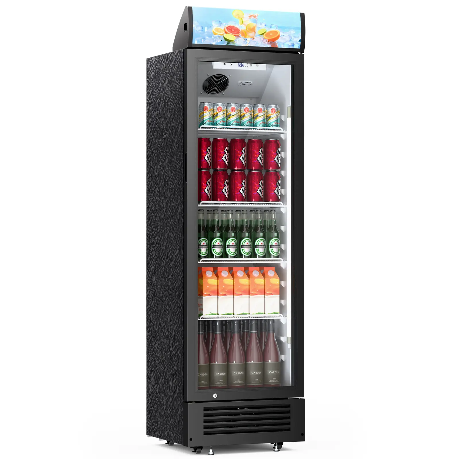 Electactic Beverage Display Cabinet Cooler refrigerator–255L/9 cu.ft, Double-Layer Tempered Glass, Fully Vacuum-Formed Hygienic Interior, 12V Low-Noise Fans & Lights, 4 Swivel Casters, Detachable Lightbox, Electronic Control 34℉-50℉, Black, Patio, 115V