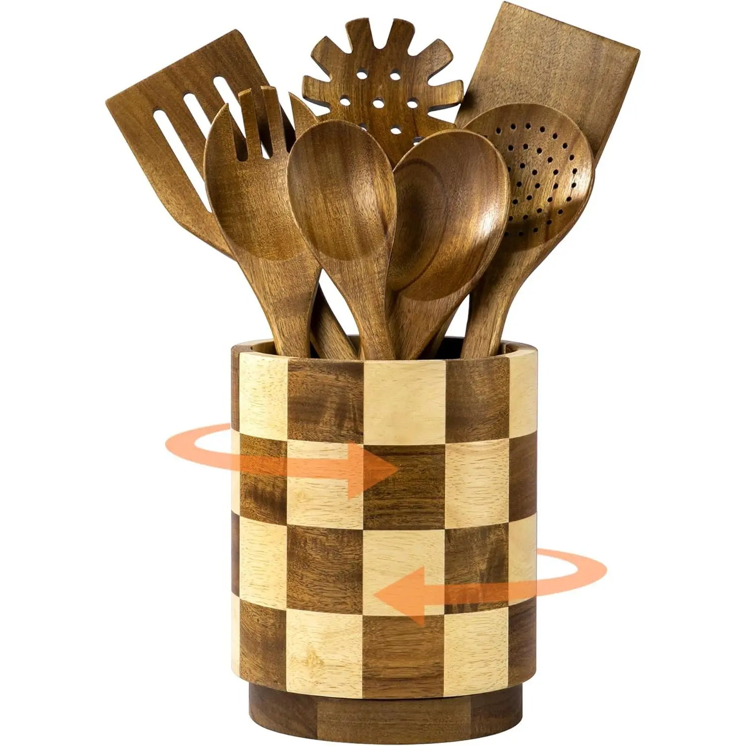 Wooden Utensil Holder, 360° Rotating Acacia Wood Kitchen Utensil Holder for Countertop, 7.2" Non-Slip Large Utensil Holder for Kitchen, Farmhouse Countertop Decor, Spatula Holders, Checkered