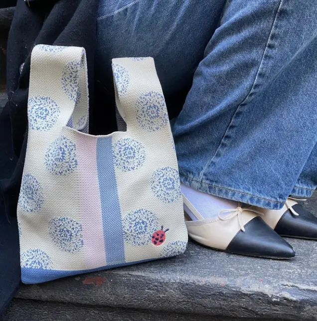 Pastel Knot Bag Wristlet Everyday Handbag with Blue Mosiac Pattern and Ladybug Accent