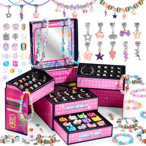 DIY Jewelry Making Kit Craft Set for Girls Boho Style Beaded Charm Bracelet Necklace Making Kit Princess Fun Jewelry Box with Portable Storage Box Ideal for Ages 3+ Birthday Christmas Gift