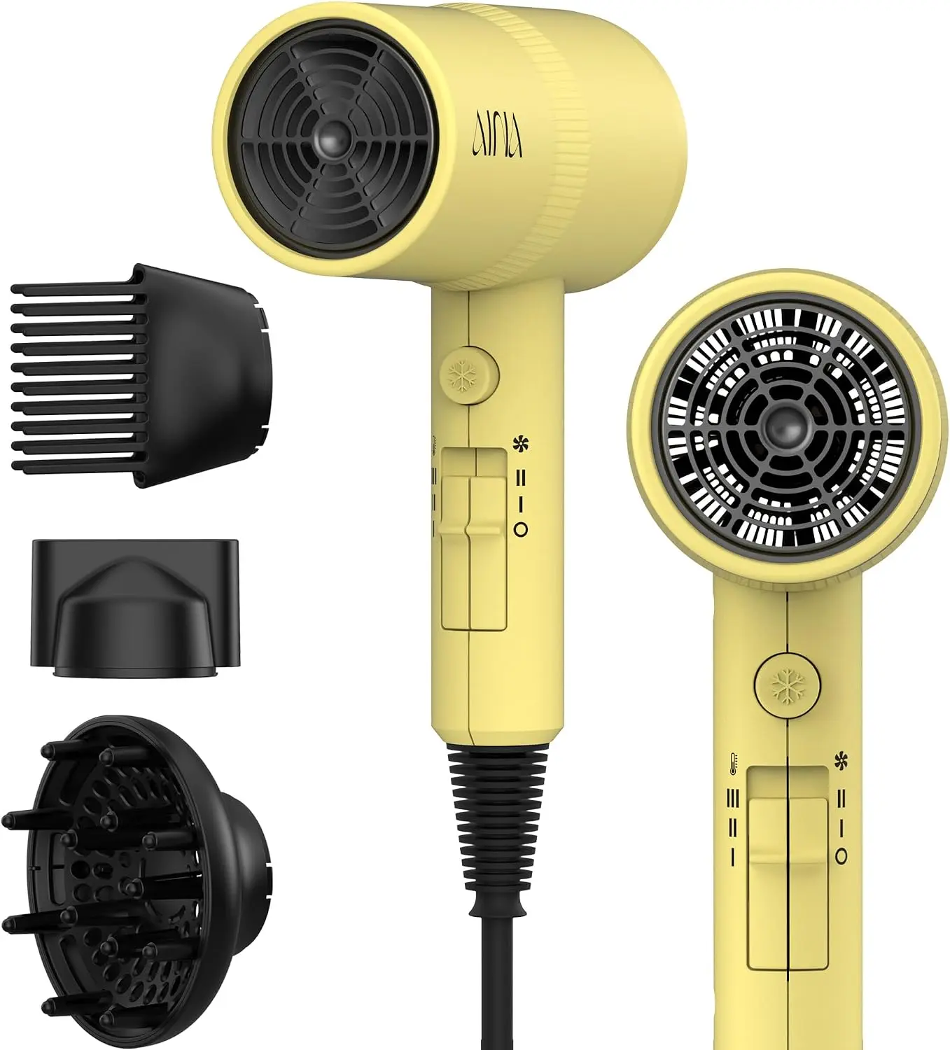 AINA Hair Dryer with Diffuser,Comb Full-Featured Blow Dryer 110V(Yellow) 3 Heat/2 Speed;Cold shut button;Lightweight;Compact Size;High Temp;Low Airflow;Same Results;Less Expense