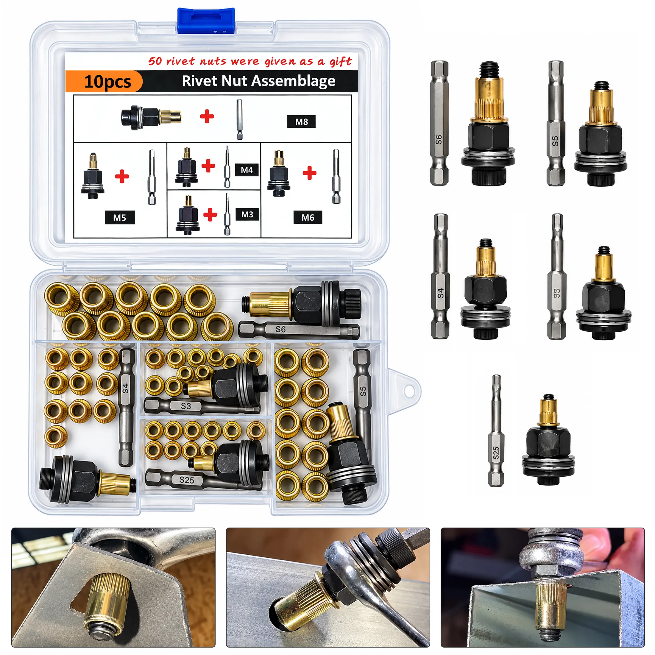 Hand Rivet Nut Tool Set M3 M4 M5 M6 M8 Carbon Steel for Drill Automotive Repair Warehouses 50 Rivet Nuts + 5 Mandrels, Hand Rivet Nut Tool, Hex Shank, Electric Drill Operated, fathersdaygift
