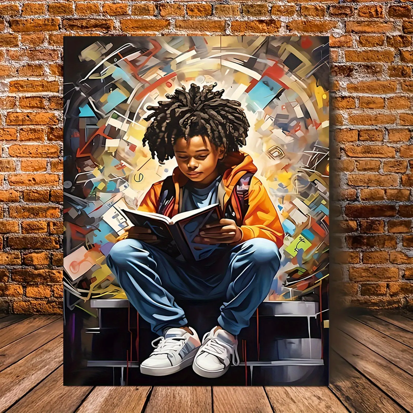 Vibrant African American Boy Reading Canvas Art - Frameless 12x16 Inch Poster, Colorful Abstract Background, Ideal for Home & Office Decor, Perfect for Bedrooms, Living Rooms, Kitchens, African American Wall Art