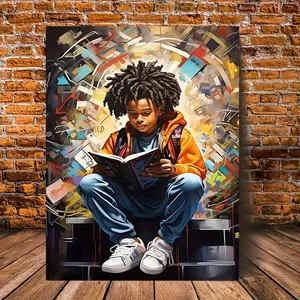 Vibrant African American Boy Reading Canvas Art - Frameless 12x16 Inch Poster, Colorful Abstract Background, Ideal for Home & Office Decor, Perfect for Bedrooms, Living Rooms, Kitchens, African American Wall Art
