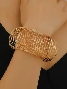 Elegant Hollow Out Elastic Bracelet for Women, Exaggerated Geometric Round Metal Ring, Fashion Unique Hand Jewelry, Stretch Bangle
