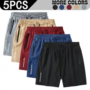 [ 5PCS Value Combination ] Men's Ice Silk Cool Sports Shorts Summer Lightweight Breathable Zipper Pocket Quick Drying Casual Fitness Shorts
