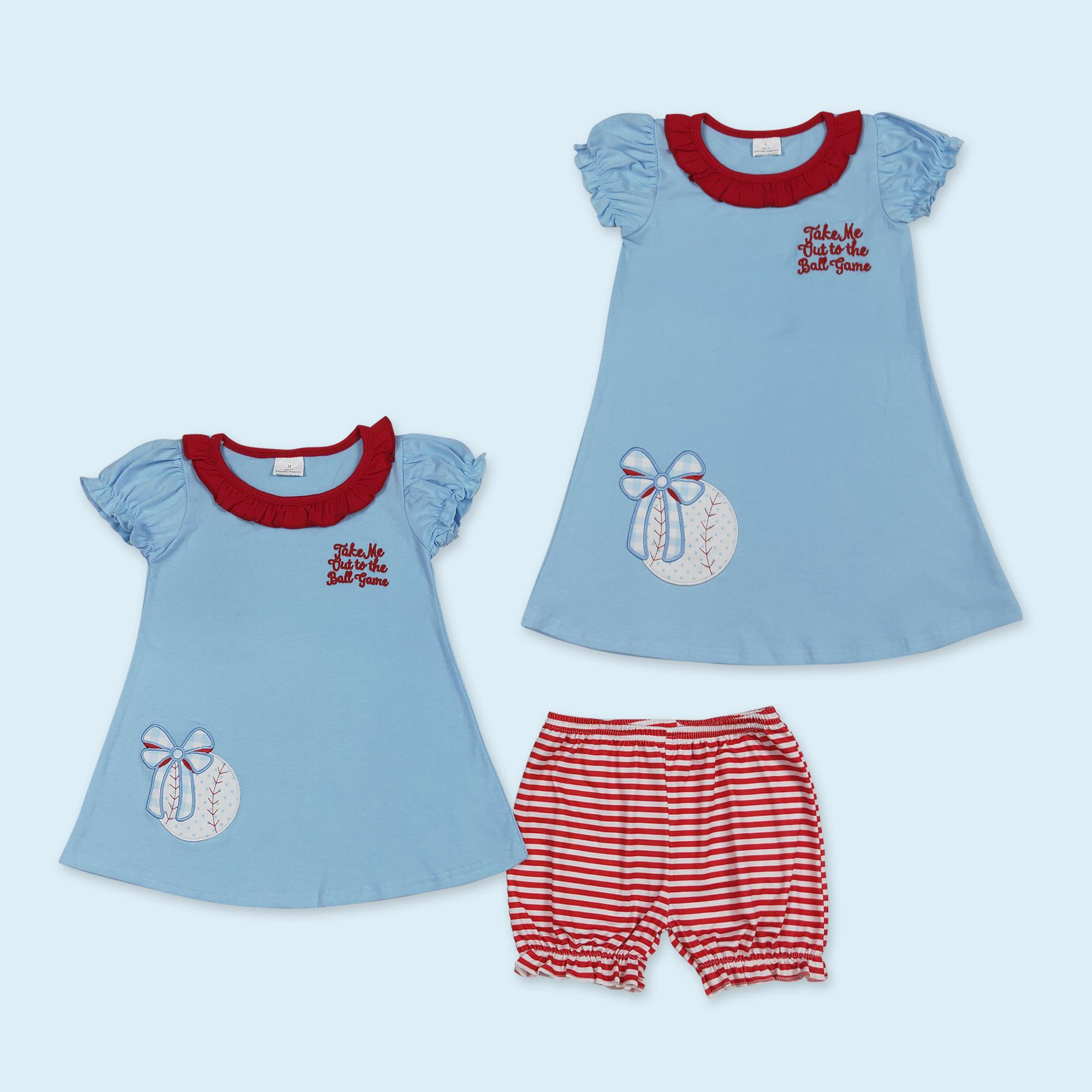 Embroidery baseball top matching shorts girls summer outfits kids boutique clothes