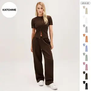 KatchMe Women's Casual Solid Color Button-Up Short Sleeve Top & Wide Leg Trousers Co-ord, Comfy Basic Two Piece Outfits, Comfortable Womenswear
