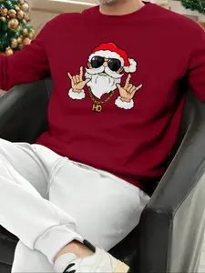 Men's Christmas Round Neck Pullover, Santa Graphic Print, Urban Fashion, Daily Wear, Spring & Fall, Long Sleeve, Fitted
