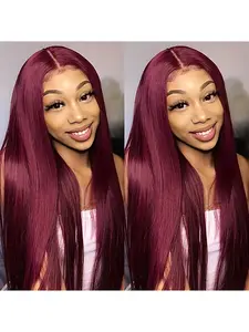 Women's Lace Closure Wig Burgundy Straight Hair Premium Fiber Center-Parted Long Straight Wig Full Head Coverage Matte Silk Texture Natural Looking Wig
