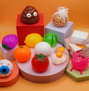 10 different gift-boxed transparent fake fruit stress-relief squishy toys. Creative prank toys, fun squeeze toys for kids and adults, unique collectible gifts for home or office.