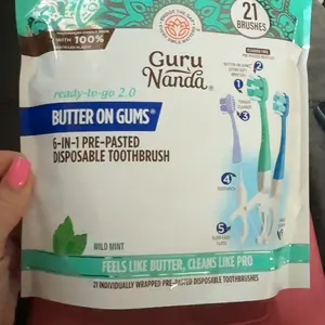 GuruNanda 6-in-1 Ready-to-Go Pre-Pasted Butter on Gums Mini Travel Toothbrush with Floss & Toothpick, No Rinsing Needed, Individually Wrapped & TSA Friendly, 21 Ct