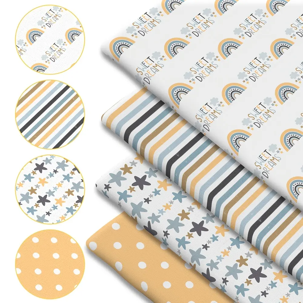 4-Piece “Sweet Dreams” Baby Boy Printed Fabric Set - 18 x 22 inches (55 x 45 cm) pre-cut polyester fabric featuring rainbow, stripe, and polka dot patterns - suitable for sewing, scrapbooking, tablecloths, and crafts
