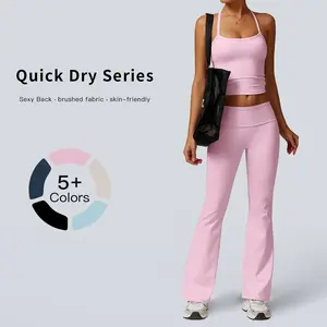 Thewolf solid-color spaghetti-strap cross-back yoga tank top and casual athletic high-waisted flared pants set, slim-fit yoga athleisure set