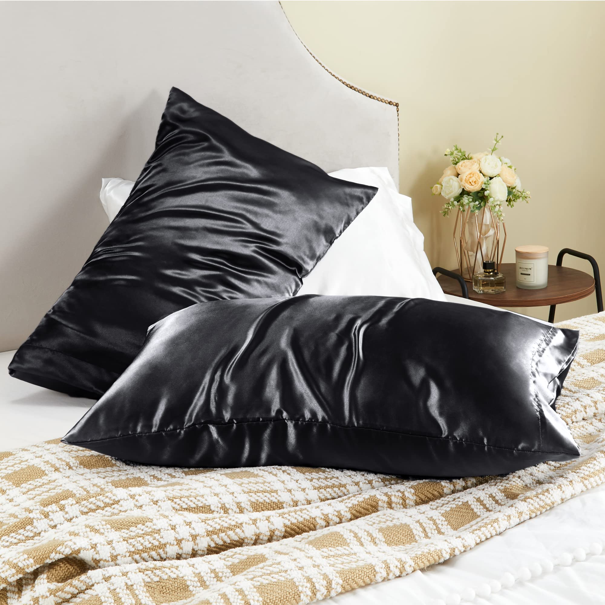 Satin Pillowcase for Hair and Skin Super Soft and Cooling Similar to Silk Pillow Cases 2 Pack with Envelope Closure Gift for Women Men 20"x30" Queen Size Black