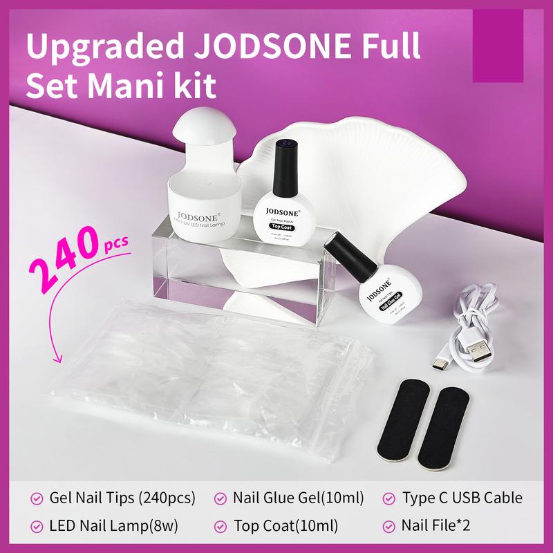 JODSONE 240pcs Gel Nail Tips kit with UV Lamp Top Coat &Nail Glue Gel,7 Sizes Full Cover Pre-file Thicker Strength Acrylic Nail Tips for Easy Wearing, Stiletto Square Short almond Long almond Nail Tips for Women DIY Art Salonen DIY Nail Tool at home