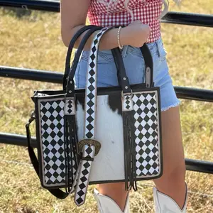 Checkered Leather Cowhide Tote, Computer Bag