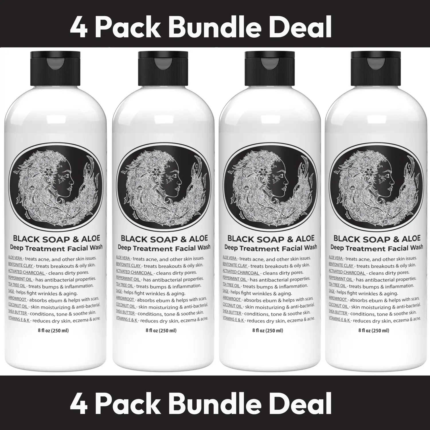 4 Bottles -- Black Soap & Aloe Natural Black Soap with Aloe Helps With Bumps Dark Spot for Face