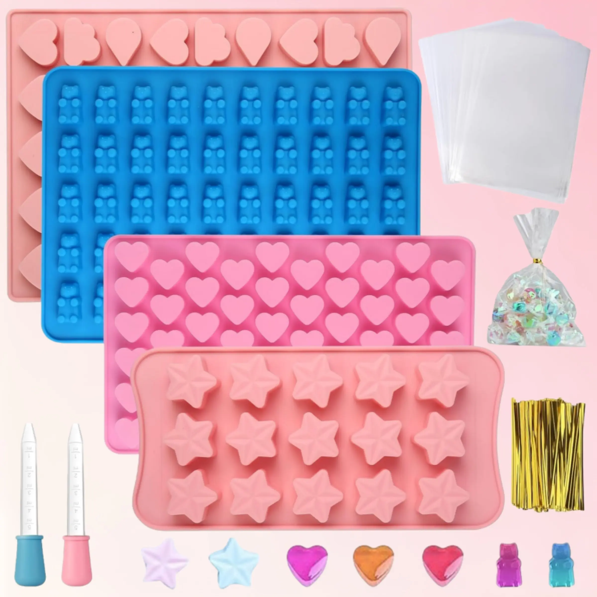 106 PCS Gummy Bear Candy Molds Silicone, Gummy Molds with 2 Droppers, Non-Stick Silicone Candy Molds Including Cute Bear Shape, Hearts and  Mini Donut