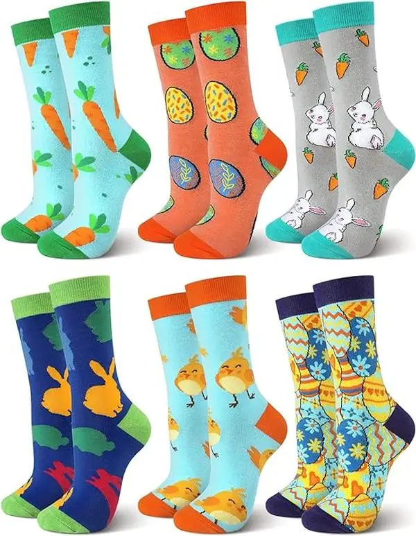 Easter Party Delight, 6 Pairs of Adult Crew Socks with Fun Rabbit, Carrot, Egg, and Chick Patterns