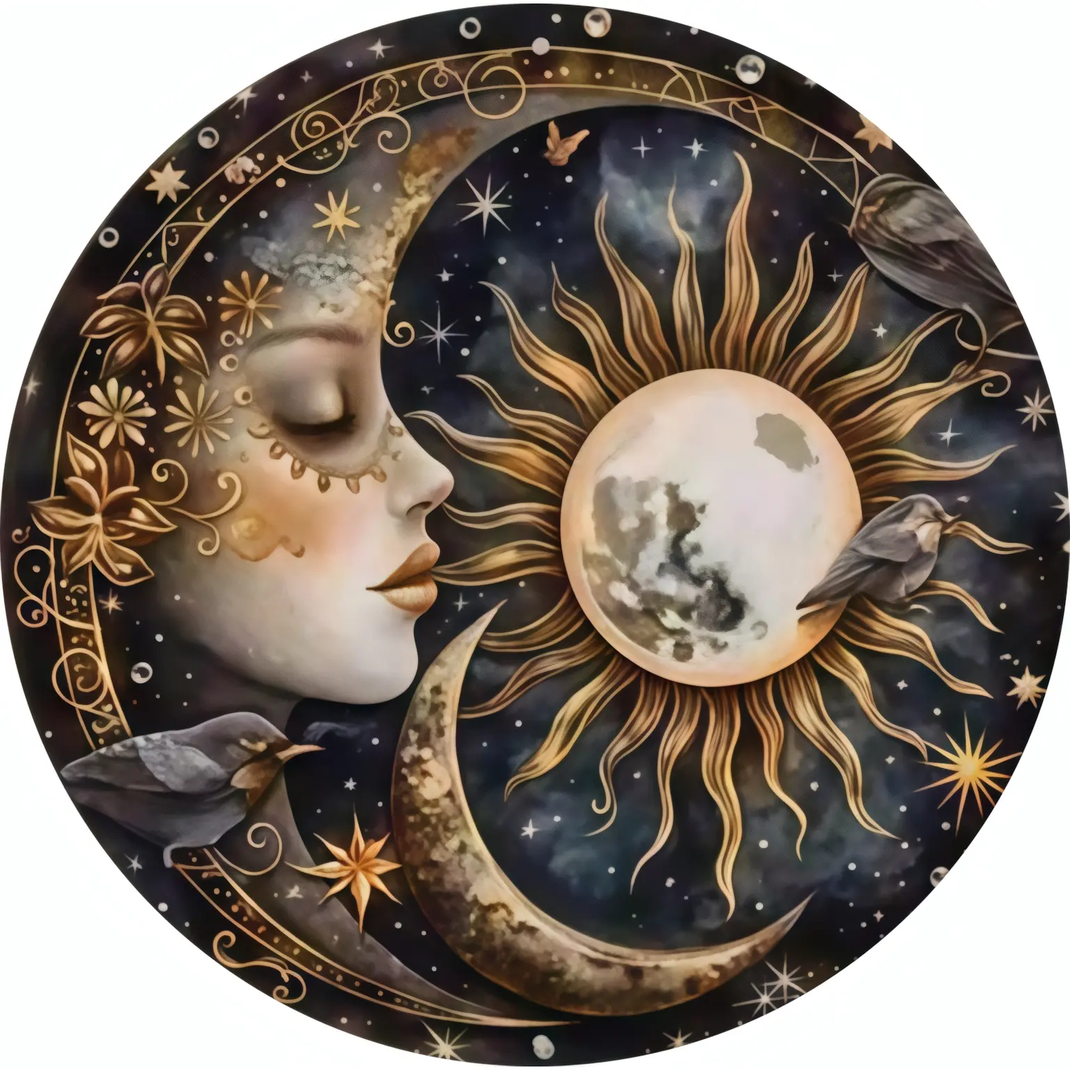 Sun and Moon Vintage Round Metal Sign - Printed Retro Celestial Boho Hippie Aluminum Wall Plaque, Spiritual Astrology Home Bedroom Decor, High Quality Country Style Wall Art, Ideal Gift