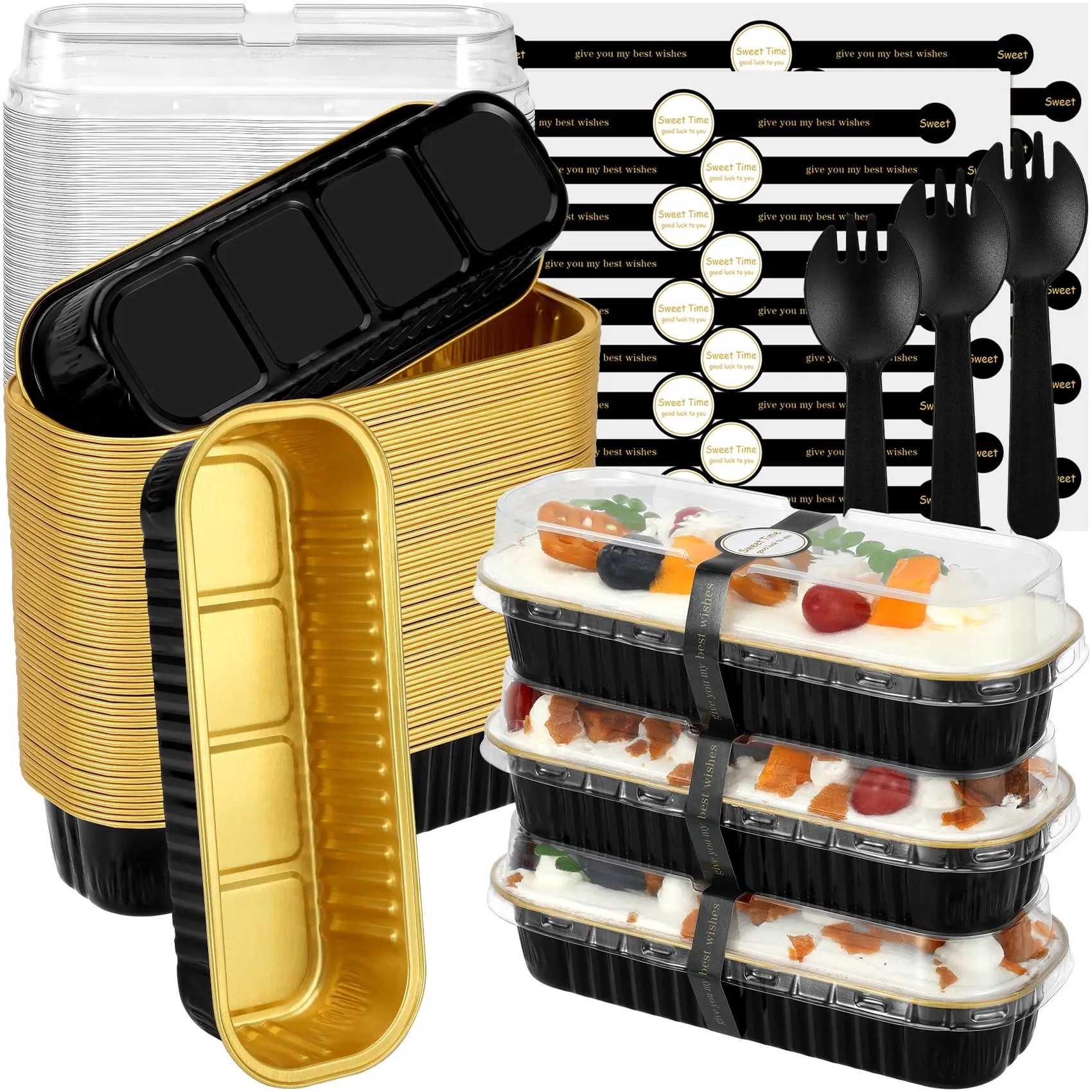 Disposable Food-Grade Aluminum Foil Mini Loaf Pans with Plastic Lids and Spoons, 100-Pack Charcoal-Gold 6.8oz Rectangular Pans for Baked Desserts, Barbecues