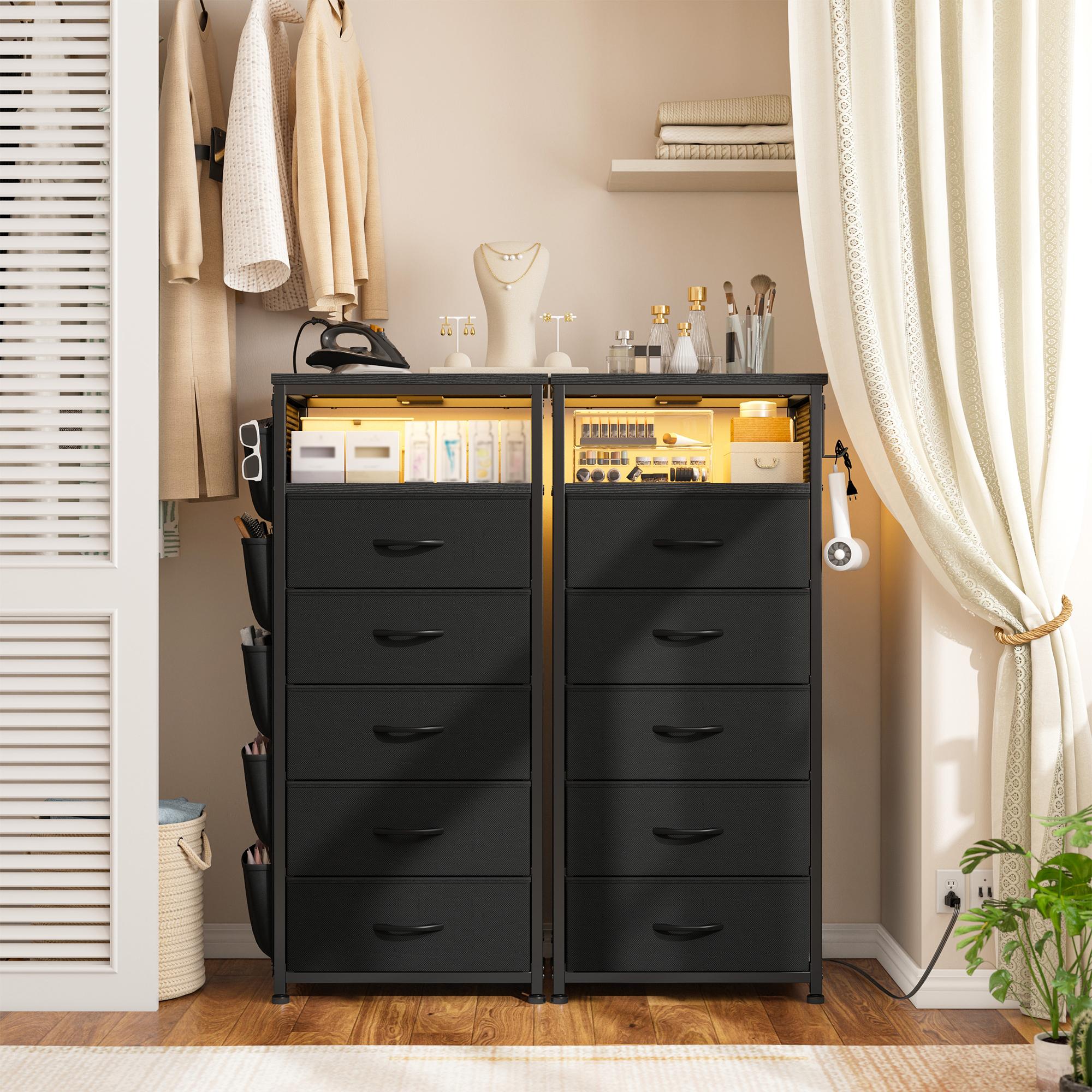 Raybee 37.5" Tall LED Night Stand with 5 Drawers for Tall Bed, Black Narrow Dresser with Charging Station for Living Room, Night End Table with Extra Side Bag & Hooks, Bedside Table with Power Stripe, Bedroom, Closet, Hallway, Entryway, White, Brown