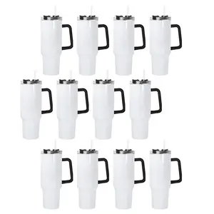 AGH 12pcs 40oz Sublimation Blank Travel Mug with lid and straw - Black Handle Drinkware Tumbler Stainless Steel Insulated Stainless Steel Flask