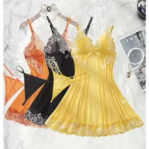 Transparent Thin Style G-string Lace Ruffle Trim Lingerie Set Women Nightgowns Sleeveless Sleepwear Sexy V-Neck Tulle Suspenders Exquisite Women's  Lace V-Neck Underwear Semi-transparent Thong Dress Set Females
