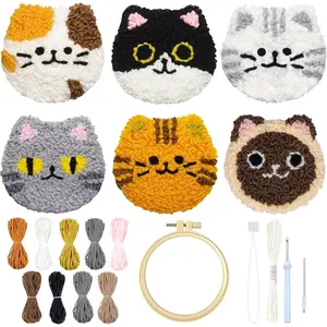 Punch Needle Coasters Kit, Punch Needle Kits Adults Beginner, Cat Coasters Kit with Adhesive Felt, Yarns, Embroidery Hoop, Instruction