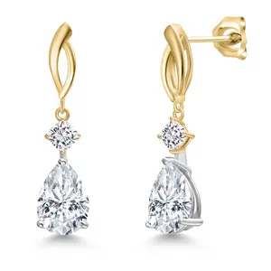 Gem Stone King 925 Silver and 10K Yellow Gold White Moissanite Dangle Earrings for Women | 4.36 Cttw | Gemstone Birthstone | Pear Shape 10X7MM