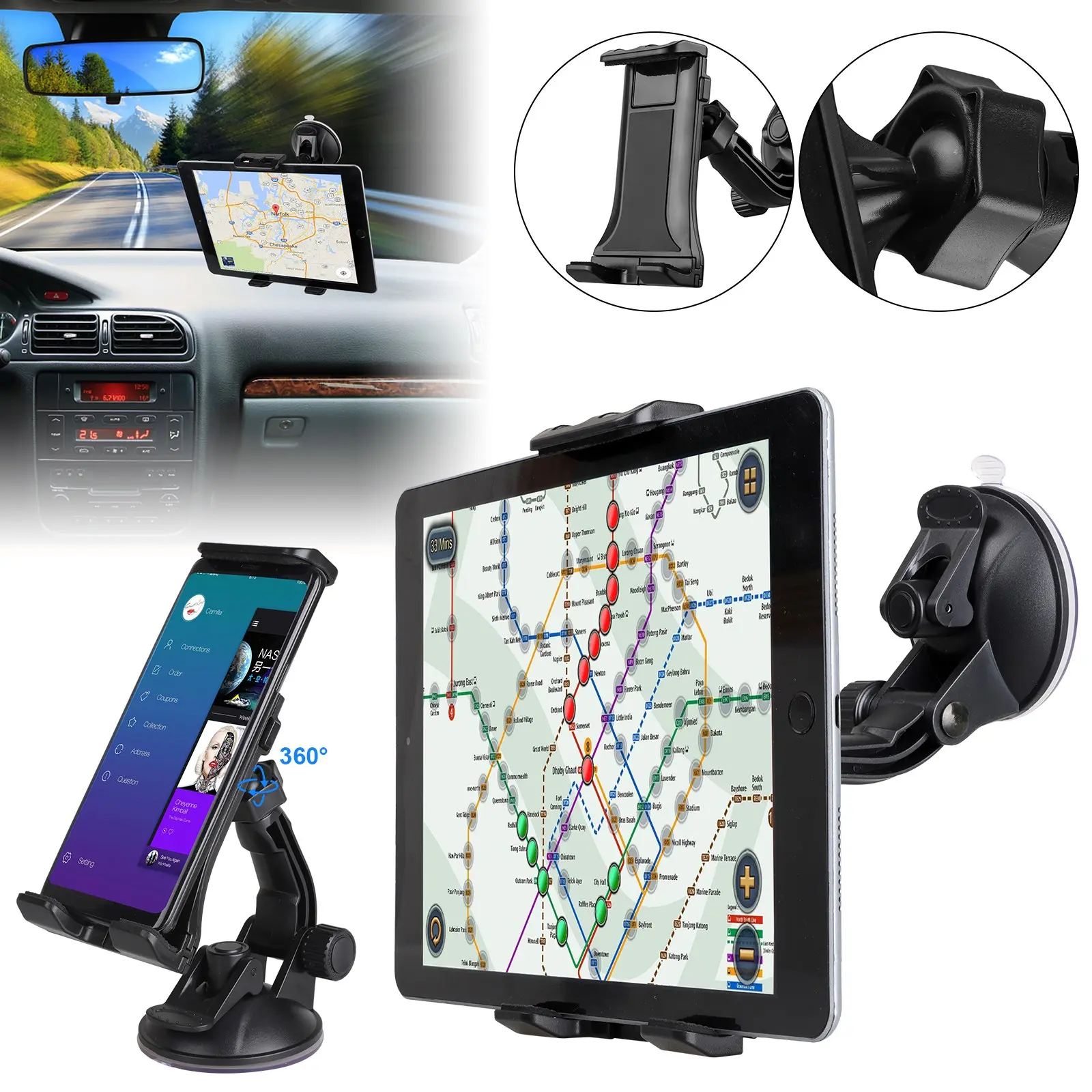 Universal 360° Car Mount Phone Tablet Windshield Holder For 4-12” iPhone iPad