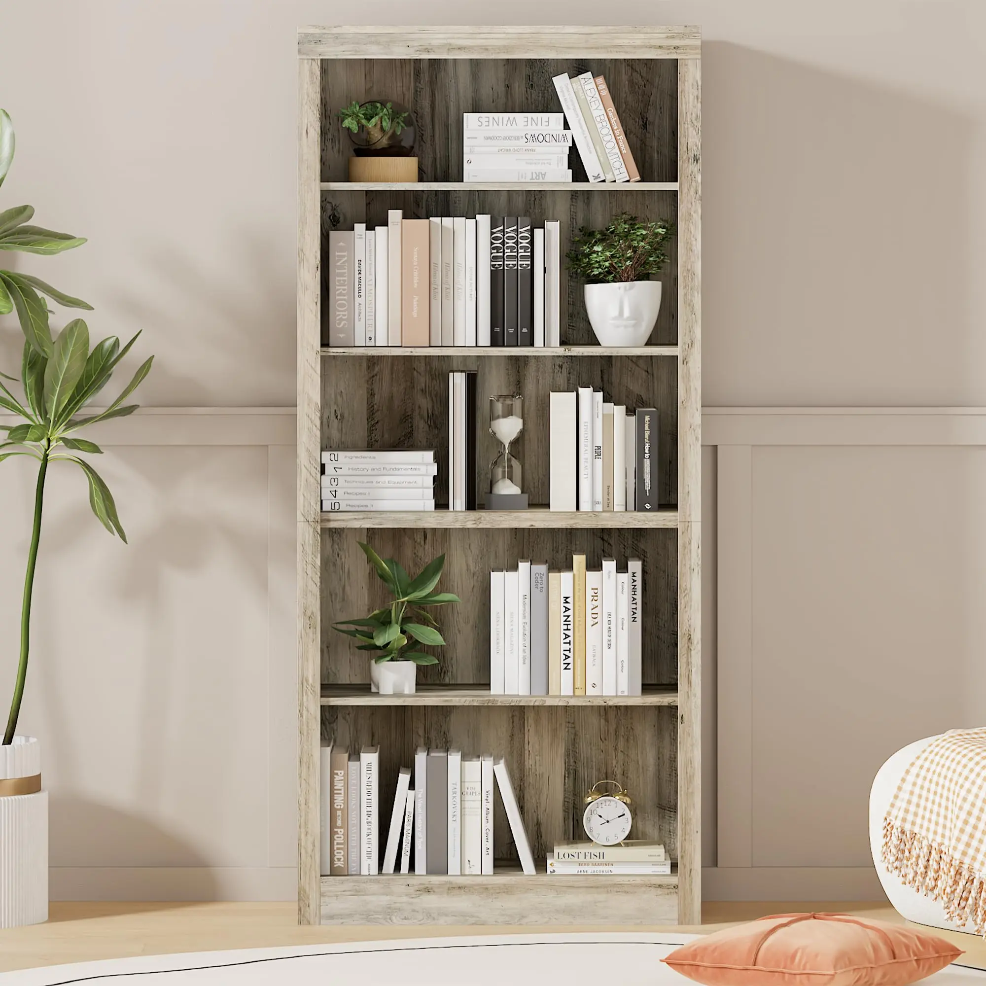 71" Tall Wooden Frame Bookcase, 5-Tier Open Modern Minimalist Style Shelf with Anti-Tip Base, Floor-Standing Bedroom Storage for Minimalist Bedroom, Living Room