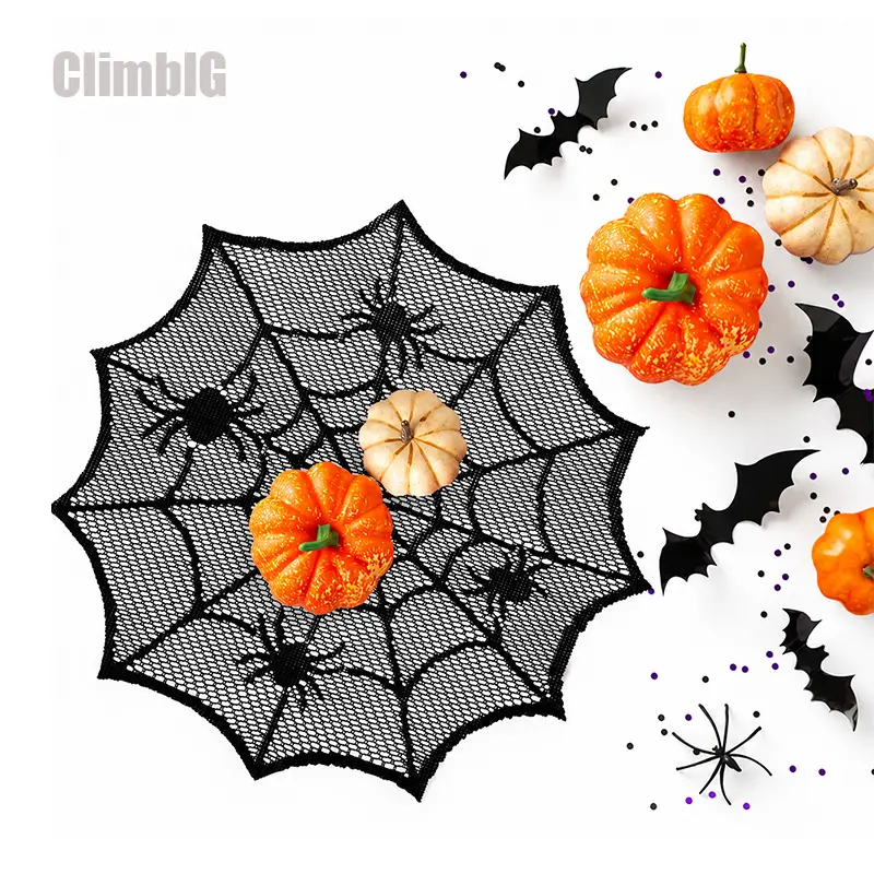 4PCS Halloween Spider Web Placemats, Black Lace Round Table Mats, Gothic Polyester Table Decor, Vintage Dining Table Decoration, Spooky Party Supplies for Kitchen, Home, Fall & Holiday Gifts