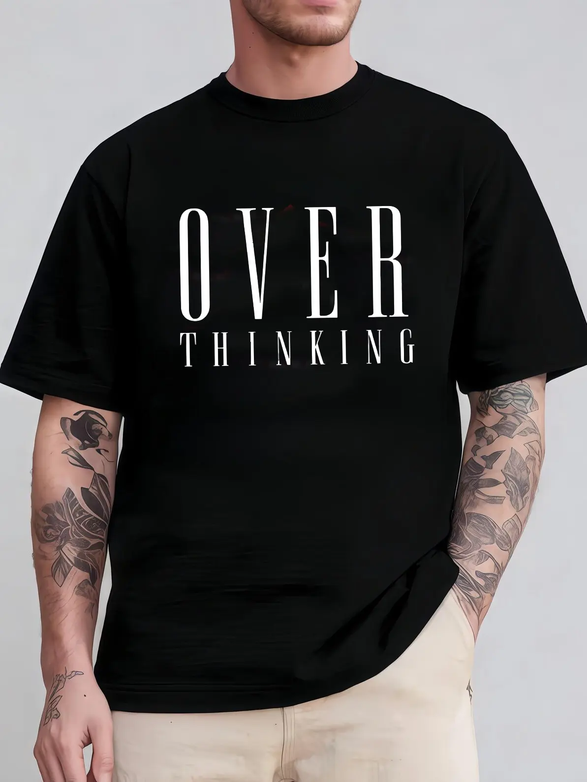 Over Thinking Minimal White Text Graphic T-Shirt, Vintage Simple Typography Print Casual Tee, Trendy Unisex Short Sleeve Top Gift For Overthinkers Introverts Quiet Souls KT0433