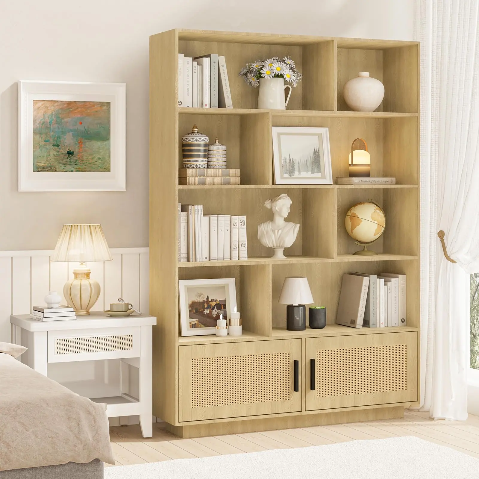 Garvee 5 Tier Bookshelf, Boho Bookcase with Rattan Doors, Wooden Bookcase and Bookshelf with Storage, Tall Book Stand, Large Bookshelf for Living Room, Bedroom, Home Office, Kitchen