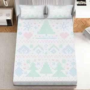 3Pcs Christmas Tree Snowflake Heart Fitted Sheet Three Piece Set (1*Fitted Sheet+2*Pillowcases, Coreless), Holiday theme, Festive Bedding Set, Mattress Protector Soft, Breathable