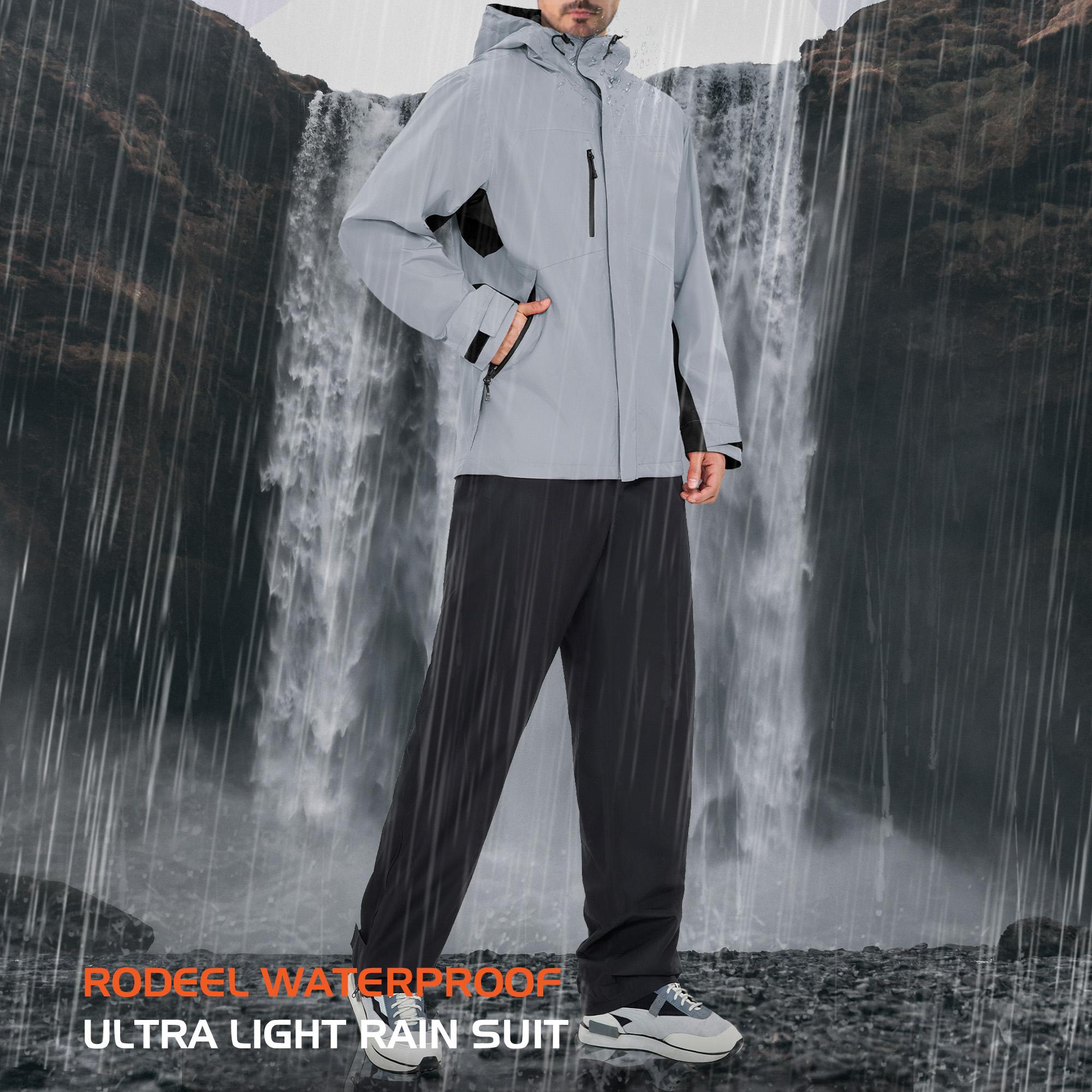 RODEEL 719 Men’s Waterproof Jacket and Pants Set Rainproof Lightweight Breathable Full Zip Hooded Rain Coat Durable Weatherproof Rain Suit Windbreaker Workwear for Walking Hiking Camping Fishing Boating Construction Roofing Landscaping