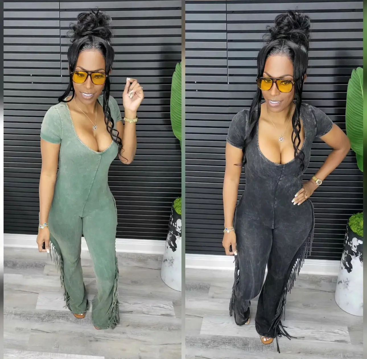 Acid wash fringe jumpsuit Acid wash fringe jumpsuit