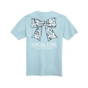 Youth Camo Bow Short Sleeve T-Shirt in Chambray, Outdoor Hunting Graphic Tee, Kids Country Style Shirt, Casual Southern Wear for Boys & Girls