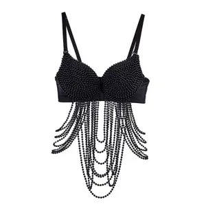 Nightclub & Music Festival Sexy Pearl Fringe Boned Corset - Stylish Sweet & Spicy Rock Style Beaded Camisole  Fabric Fashion Semi-Halter Gem Chain Bag Open Knit Hollow Out Cardigan colorblock button front promo  code
