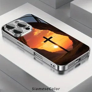 Cave cross sunset landscape pattern glass phone case for iPhone16 Pro Max/15/14 PLUS/13/12/11 phone case, non-slip, lightweight, trendy design, unisex, phone case Black