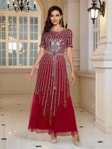 Women's Burgundy Beaded Evening Dress Short Sleeve Crew Neck Formal Gown Ankle Length Cocktail Party Dress for Wedding Guest Mother of the Bride 88122